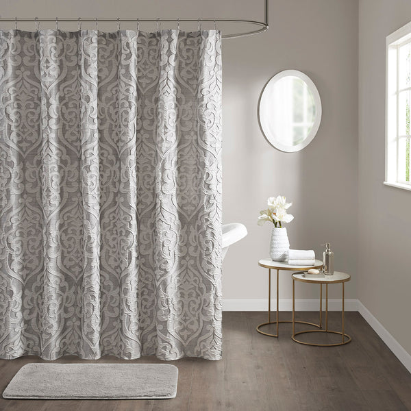 English Elm Jacquard Shower Curtain - Luxurious Textured Grey Damask Design For Elegant Bathroom Makeover! B03598656