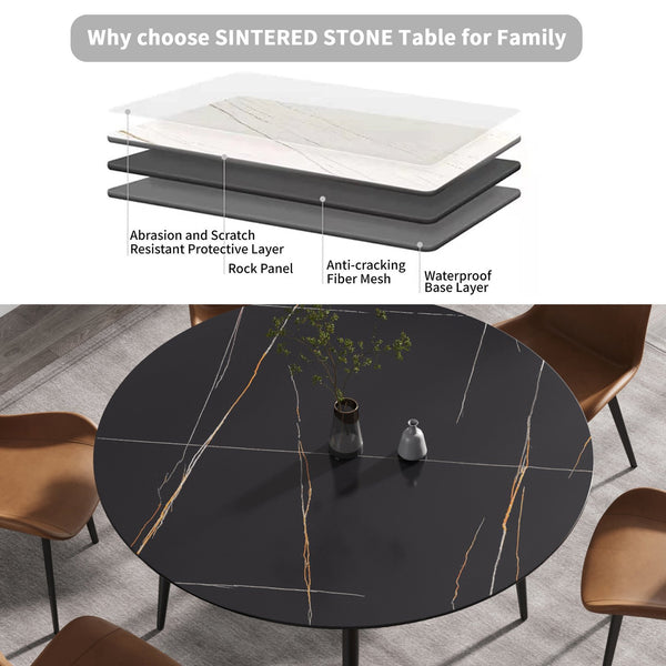 English Elm 59.05"Modern Round Black Metal Dining Table - Seats 6, Durable Sintered Stone Top, Stylish Design W1535S00248