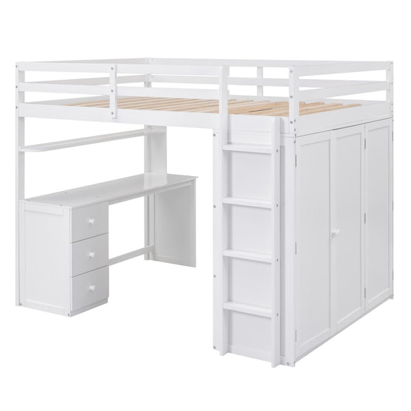 English Elm Full Size Loft Bed with Desk Wardrobe and Drawers Pine Wood Teen Bedroom White LT000302AAK-1