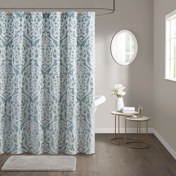 English Elm Jacquard Madison Park Odette Shower Curtain 72x72 Ivory Damask Medallion on Textured Tan Jacquard Fabric Aqua+Silver 3.35 L x 11.42 W x 8.66 H B03598672