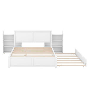 English Elm Queen Storage Platform Bed with Pull-Out Shelves & Reversible Twin XL Trundle, Solid Wood White GX000331AAK