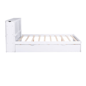 English Elm Queen Storage Platform Bed with Pull-Out Shelves & Reversible Twin XL Trundle, Solid Wood White GX000331AAK