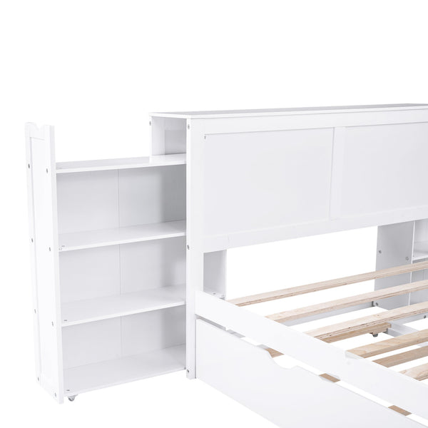 English Elm Full Full Size Storage Platform Bed with Trundle, 4-Tier Pull-Out Shelves, Solid Wood White Elegance GX000330AAK