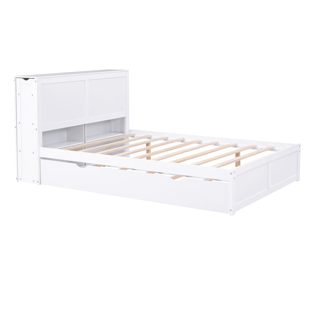 English Elm Full Full Size Storage Platform Bed with Trundle, 4-Tier Pull-Out Shelves, Solid Wood White Elegance GX000330AAK