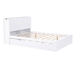 English Elm Full Full Size Storage Platform Bed with Trundle, 4-Tier Pull-Out Shelves, Solid Wood White Elegance GX000330AAK