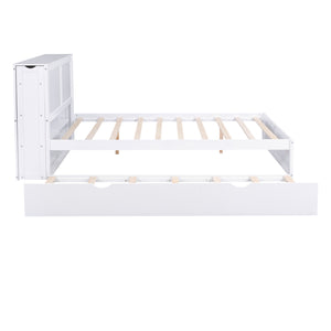 English Elm Queen Storage Platform Bed with Pull-Out Shelves & Reversible Twin XL Trundle, Solid Wood White GX000331AAK