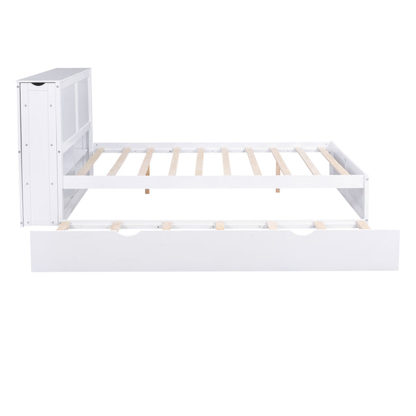 English Elm Queen Storage Platform Bed with Pull-Out Shelves & Reversible Twin XL Trundle, Solid Wood White GX000331AAK