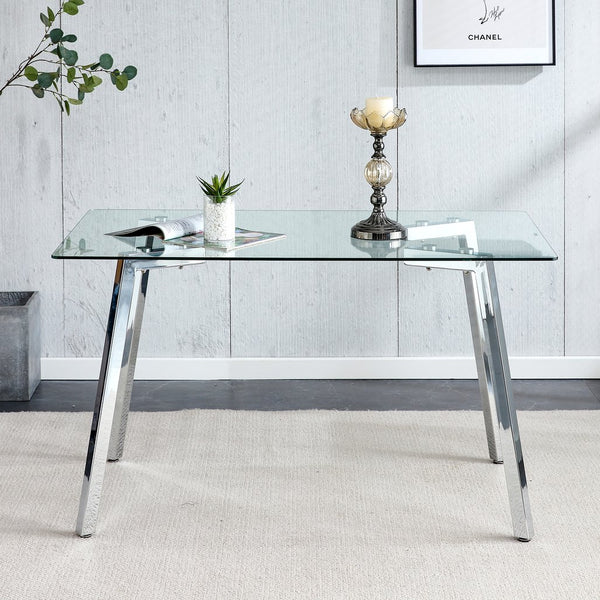 English Elm Glass Modern Minimalist Dining Table for 4-6 with 0.31" Tempered Top & Metal Legs, 51"x31" Stylish W1151S01719