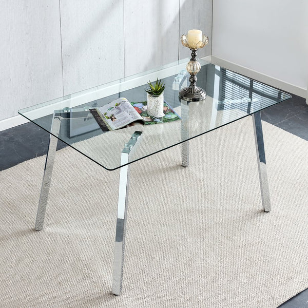 English Elm Glass Modern Minimalist Dining Table for 4-6 with 0.31" Tempered Top & Metal Legs, 51"x31" Stylish W1151S01719