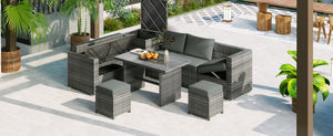 English Elm Topmax Outdoor Wicker Sectional Set with Storage Adjustable Seating and Tempered Glass Table Grey N717S100005E