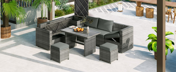 English Elm Topmax Outdoor Wicker Sectional Set with Storage Adjustable Seating and Tempered Glass Table Grey N717S100005E