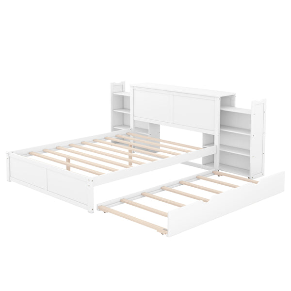 English Elm Queen Storage Platform Bed with Pull-Out Shelves & Reversible Twin XL Trundle, Solid Wood White GX000331AAK