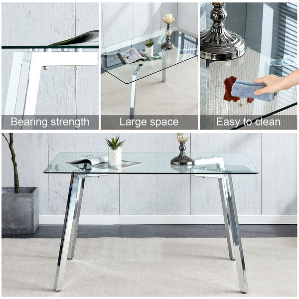 English Elm Glass Modern Minimalist Dining Table for 4-6 with 0.31" Tempered Top & Metal Legs, 51"x31" Stylish W1151S01719
