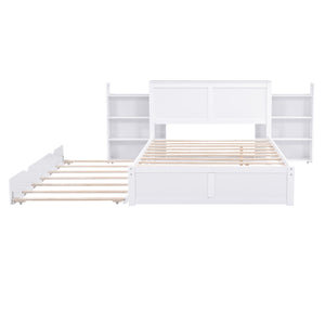 English Elm Full Full Size Storage Platform Bed with Trundle, 4-Tier Pull-Out Shelves, Solid Wood White Elegance GX000330AAK