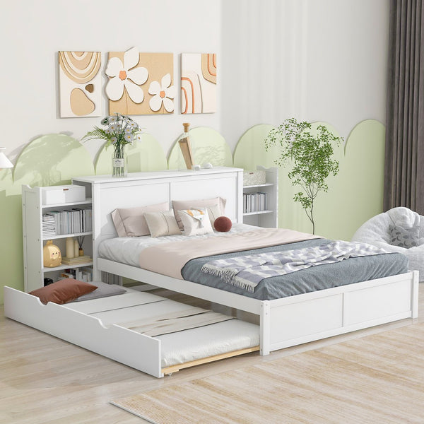 English Elm Queen Storage Platform Bed with Pull-Out Shelves & Reversible Twin XL Trundle, Solid Wood White GX000331AAK
