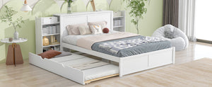 English Elm Queen Storage Platform Bed with Pull-Out Shelves & Reversible Twin XL Trundle, Solid Wood White GX000331AAK