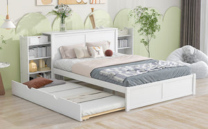 English Elm Queen Storage Platform Bed with Pull-Out Shelves & Reversible Twin XL Trundle, Solid Wood White GX000331AAK
