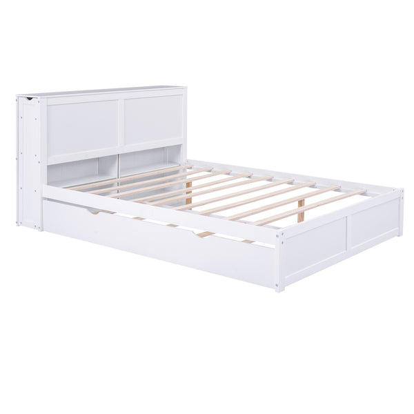 English Elm Queen Storage Platform Bed with Pull-Out Shelves & Reversible Twin XL Trundle, Solid Wood White GX000331AAK