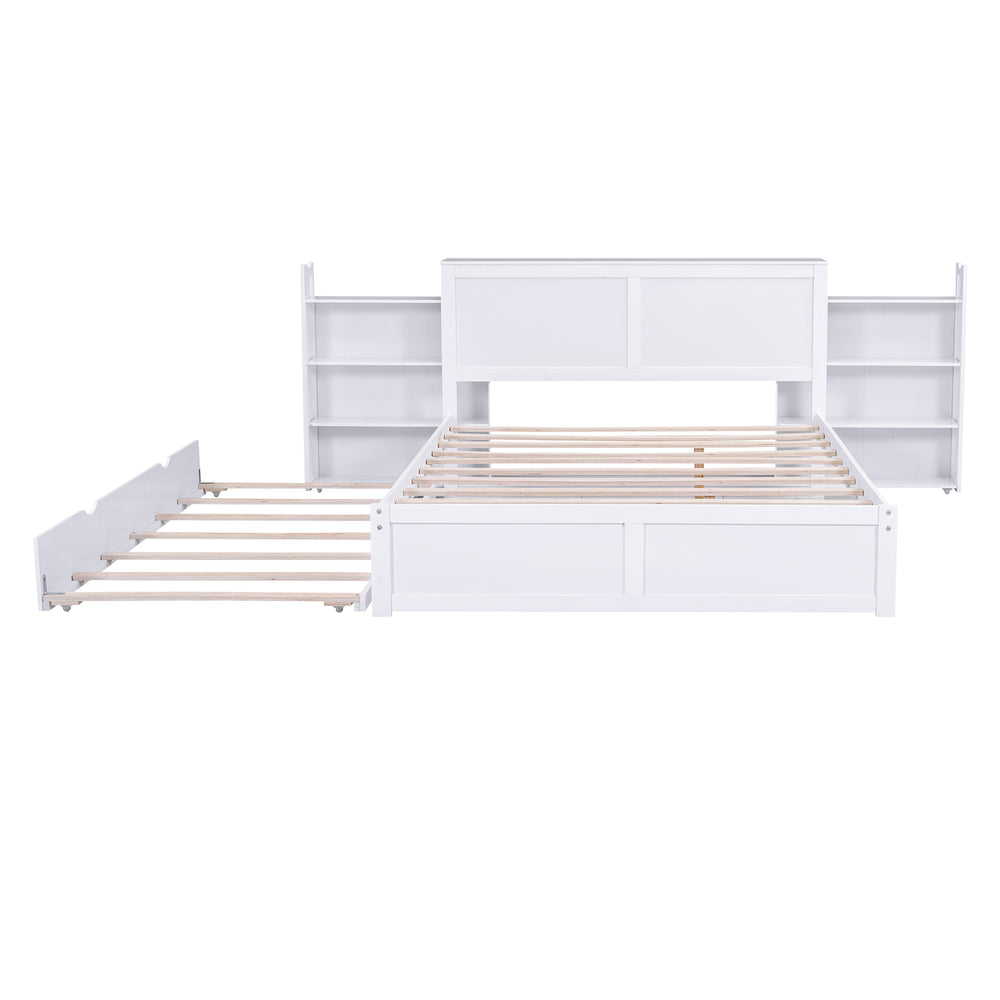 English Elm Queen Storage Platform Bed with Pull-Out Shelves & Reversible Twin XL Trundle, Solid Wood White GX000331AAK