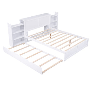English Elm Queen Storage Platform Bed with Pull-Out Shelves & Reversible Twin XL Trundle, Solid Wood White GX000331AAK