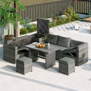 English Elm Topmax Outdoor Wicker Sectional Set with Storage Adjustable Seating and Tempered Glass Table Grey N717S100005E