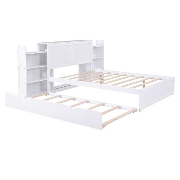 English Elm Full Full Size Storage Platform Bed with Trundle, 4-Tier Pull-Out Shelves, Solid Wood White Elegance GX000330AAK