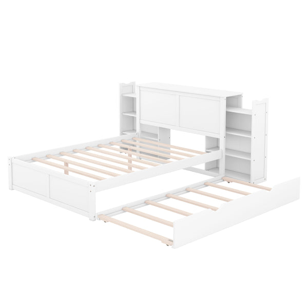 English Elm Full Full Size Storage Platform Bed with Trundle, 4-Tier Pull-Out Shelves, Solid Wood White Elegance GX000330AAK