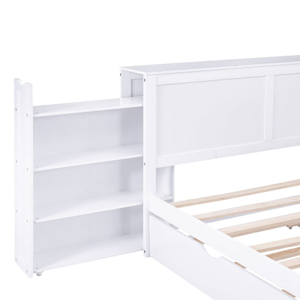 English Elm Queen Storage Platform Bed with Pull-Out Shelves & Reversible Twin XL Trundle, Solid Wood White GX000331AAK