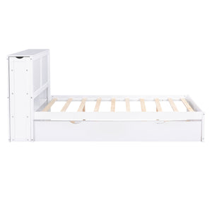 English Elm Full Full Size Storage Platform Bed with Trundle, 4-Tier Pull-Out Shelves, Solid Wood White Elegance GX000330AAK