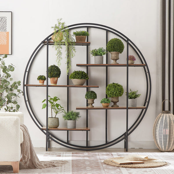 English Elm Round 5-Tier Metal Plant Stand Rustic Brown 67" x11.8" x67" — Sturdy Steel Frame, Waterproof Particleboard, Anti-Slip Foot Pads, Indoor Outdoor Display Rack W116290852