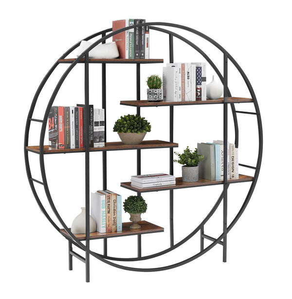 English Elm Round 5-Tier Metal Plant Stand Rustic Brown 67" x11.8" x67" — Sturdy Steel Frame, Waterproof Particleboard, Anti-Slip Foot Pads, Indoor Outdoor Display Rack W116290852