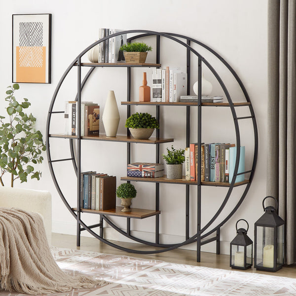 English Elm Round 5-Tier Metal Plant Stand Rustic Brown 67" x11.8" x67" — Sturdy Steel Frame, Waterproof Particleboard, Anti-Slip Foot Pads, Indoor Outdoor Display Rack W116290852