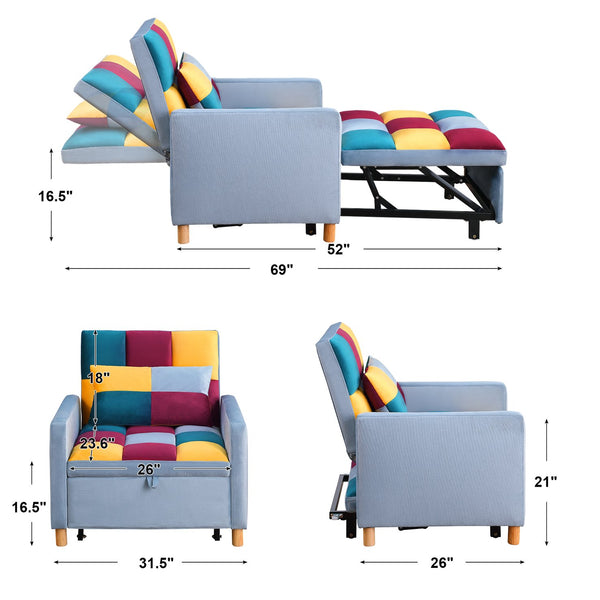 English Elm Convertible Sleeper Sofa Chair Bed with 3-in-1 Recline, Velvet Upholstery, Steel Frame, Supportive Foam for Living Room Dorm Apartment Office Rainbow W142084298