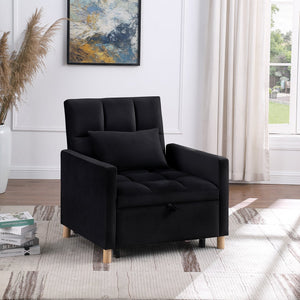 English Elm Convertible Sleeper Sofa Chair Bed with 3-in-1 Recline, Velvet Upholstery, Steel Frame, Supportive Foam for Living Room Dorm Apartment Office Black W142084294