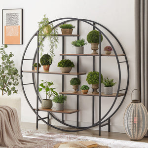 English Elm Round 5-Tier Metal Plant Stand Rustic Brown 67" x11.8" x67" — Sturdy Steel Frame, Waterproof Particleboard, Anti-Slip Foot Pads, Indoor Outdoor Display Rack W116290852