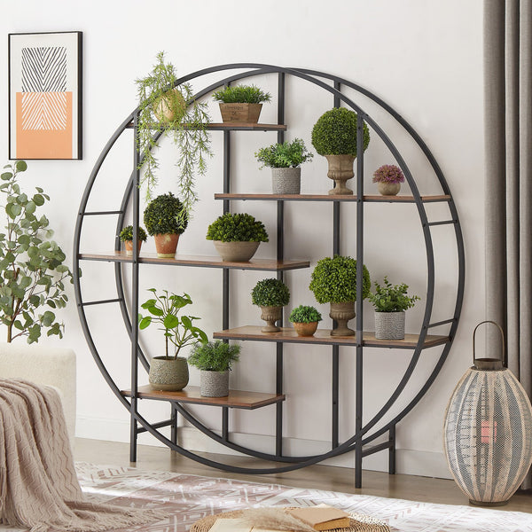English Elm Round 5-Tier Metal Plant Stand Rustic Brown 67" x11.8" x67" — Sturdy Steel Frame, Waterproof Particleboard, Anti-Slip Foot Pads, Indoor Outdoor Display Rack W116290852