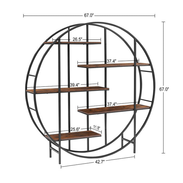 English Elm Round 5-Tier Metal Plant Stand Rustic Brown 67" x11.8" x67" — Sturdy Steel Frame, Waterproof Particleboard, Anti-Slip Foot Pads, Indoor Outdoor Display Rack W116290852