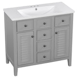 English Elm 36" Bathroom Vanity With Ceramic Basin, Two Cabinets and Five Drawers, Solid Wood Frame, Grey (Old Sku: Sy999202Aae)