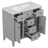 English Elm 36" Bathroom Vanity With Ceramic Basin, Two Cabinets and Five Drawers, Solid Wood Frame, Grey (Old Sku: Sy999202Aae)