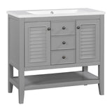 English Elm 36" Bathroom Vanity With Ceramic Basin, Two Cabinets and Drawers, Open Shelf, Solid Wood Frame, Grey (Old Sku: Sy999101Aae)