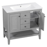 English Elm 36" Bathroom Vanity With Ceramic Basin, Two Cabinets and Drawers, Open Shelf, Solid Wood Frame, Grey (Old Sku: Sy999101Aae-1)