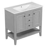 English Elm 36" Bathroom Vanity With Ceramic Basin, Two Cabinets and Drawers, Open Shelf, Solid Wood Frame, Grey (Old Sku: Sy999101Aae)