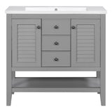 English Elm 36" Bathroom Vanity With Ceramic Basin, Two Cabinets and Drawers, Open Shelf, Solid Wood Frame, Grey (Old Sku: Sy999101Aae)