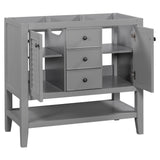 English Elm 36" Bathroom Vanity Without Sink, Cabinet Base Only, Two Cabinets and Drawers, Open Shelf, Solid Wood Frame, Grey