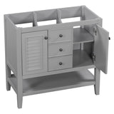 English Elm 36" Bathroom Vanity Without Sink, Cabinet Base Only, Two Cabinets and Drawers, Open Shelf, Solid Wood Frame, Grey