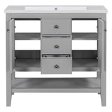 English Elm 36" Bathroom Vanity With Ceramic Basin, Two Cabinets and Drawers, Open Shelf, Solid Wood Frame, Grey (Old Sku: Sy999101Aae-1)