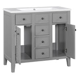 English Elm 36" Bathroom Vanity With Ceramic Basin, Two Cabinets and Five Drawers, Solid Wood Frame, Grey (Old Sku: Sy999202Aae)