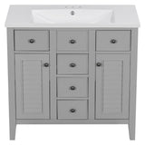 English Elm 36" Bathroom Vanity With Ceramic Basin, Two Cabinets and Five Drawers, Solid Wood Frame, Grey (Old Sku: Sy999202Aae)