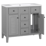 English Elm 36" Bathroom Vanity With Ceramic Basin, Two Cabinets and Five Drawers, Solid Wood Frame, Grey (Old Sku: Sy999202Aae)