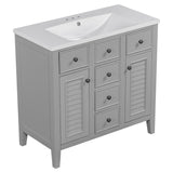 English Elm 36" Bathroom Vanity With Ceramic Basin, Two Cabinets and Five Drawers, Solid Wood Frame, Grey (Old Sku: Sy999202Aae)